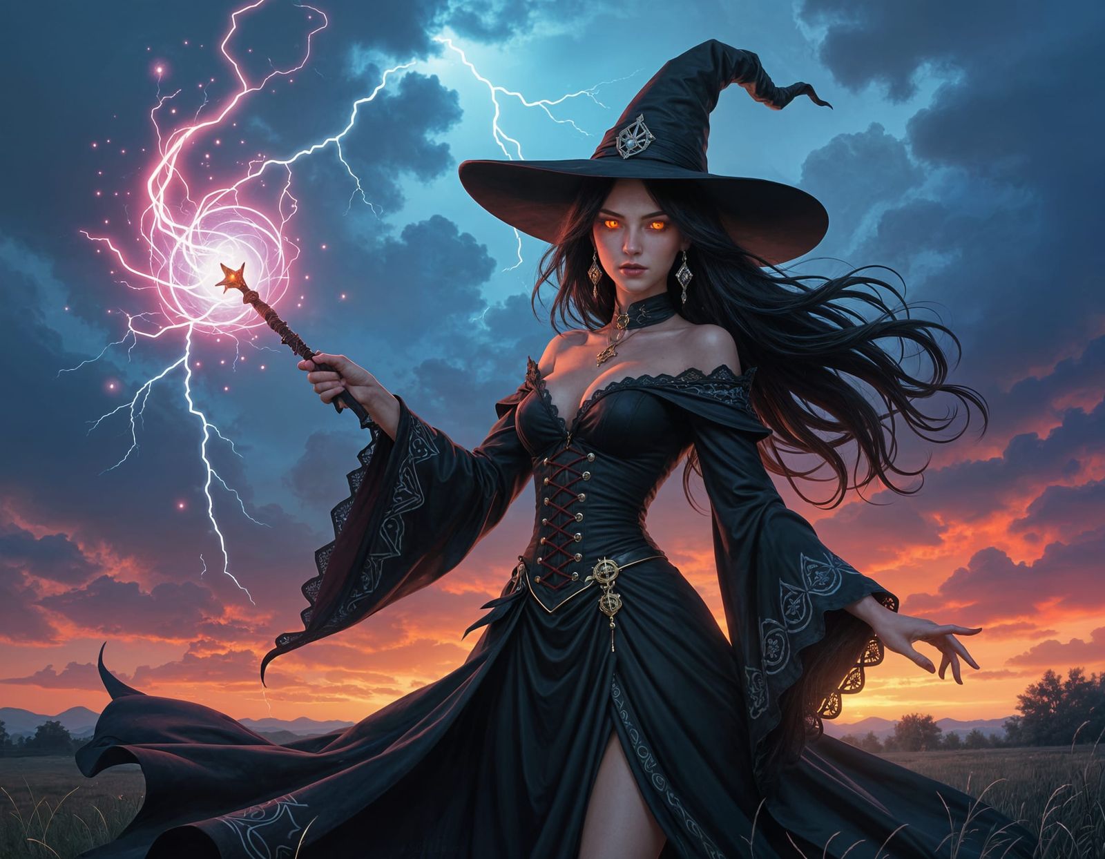 Powerful Witch Casting Spell in Stormy Sky