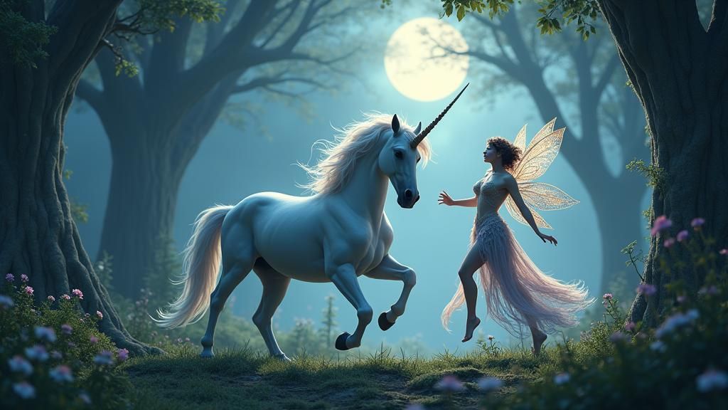 Fairy and Unicorn in Moonlit Glade