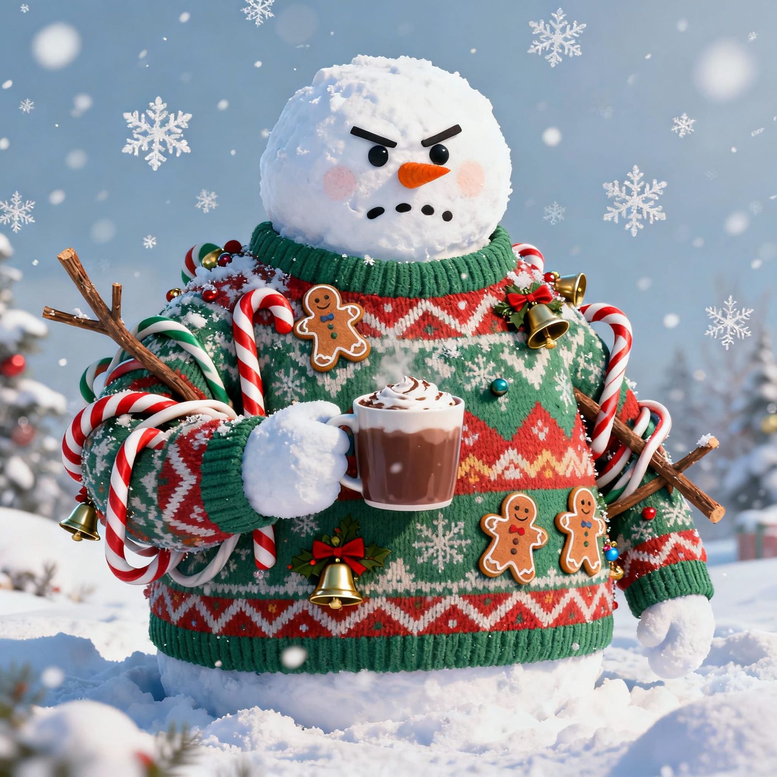 Grumpy Snowman in Festive Sweater with Hot Cocoa