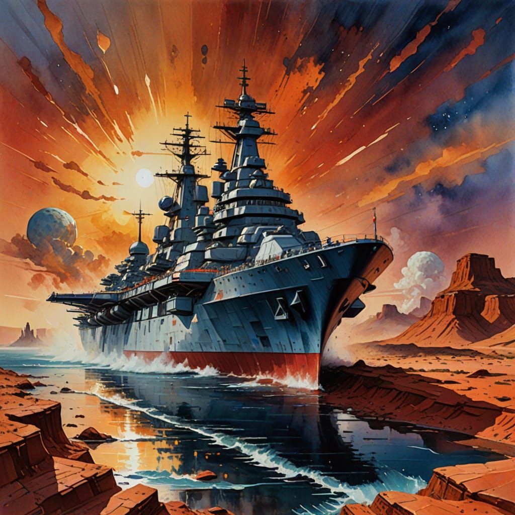 Epic Mars Battleship in Maximalist Impressionist Style