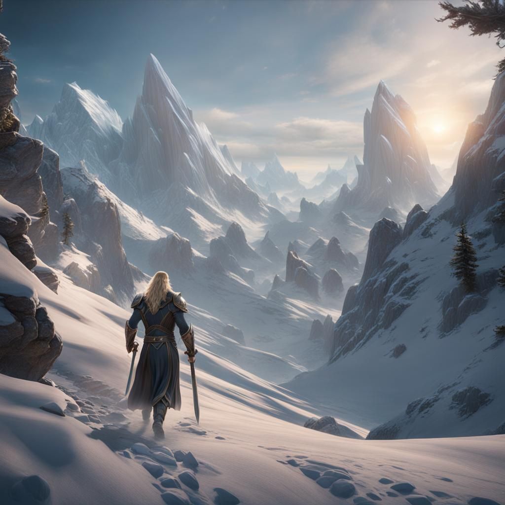 Paladin with Thor-like Figure in Detailed Matte Painting