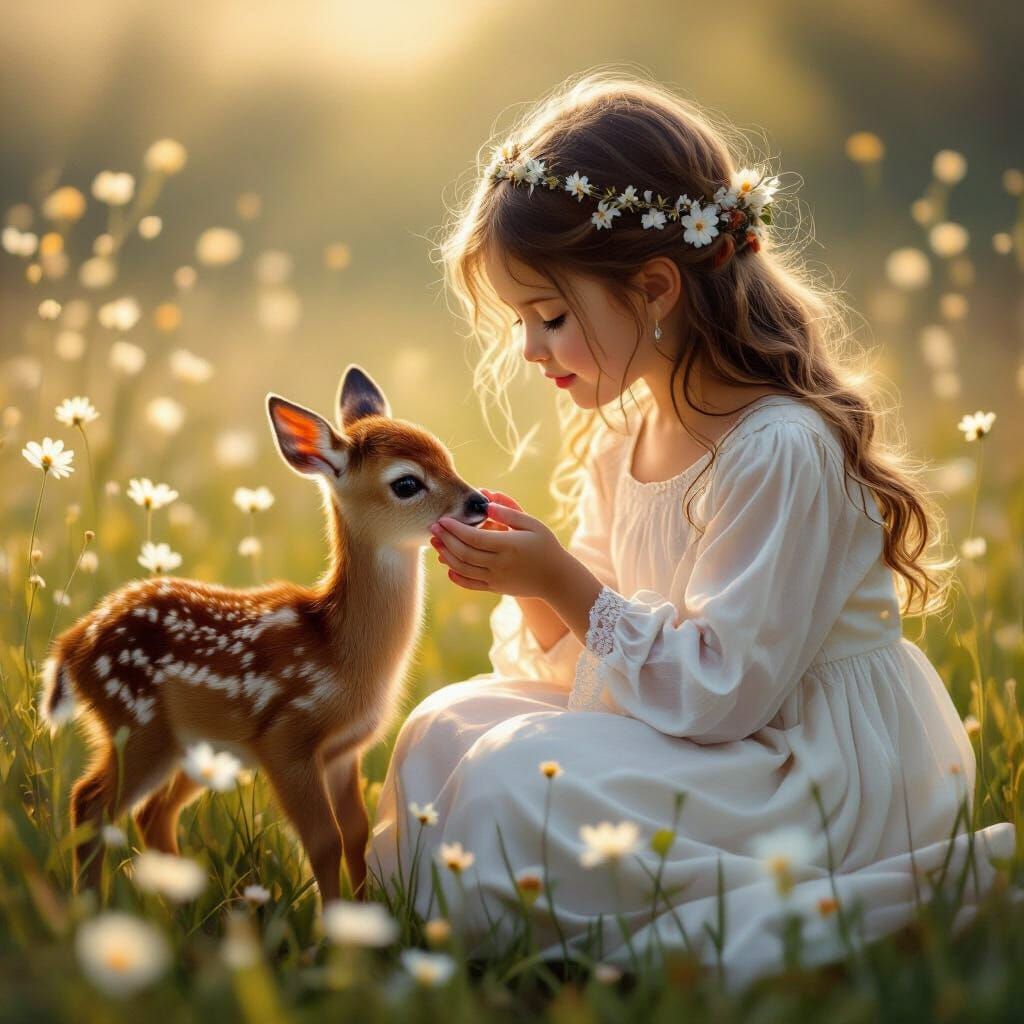 Whimsical Girl Feeds Baby Deer in Dreamy Meadow