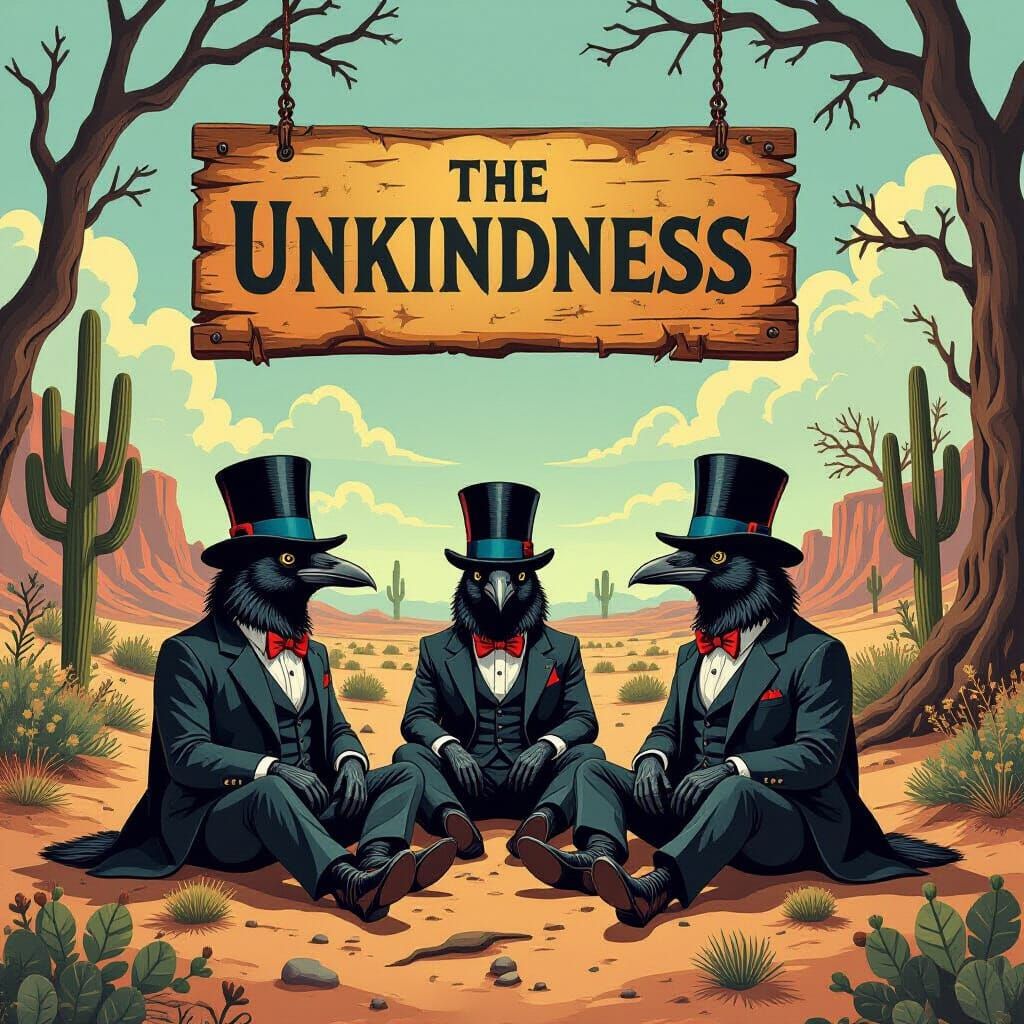 Ravens in Hats Displaying 'The Unkindness' Sign