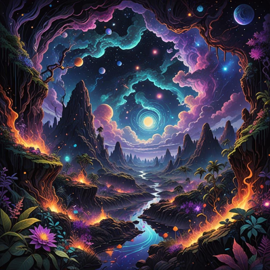 Celestial Cataclysm in Vibrant Holographic Style