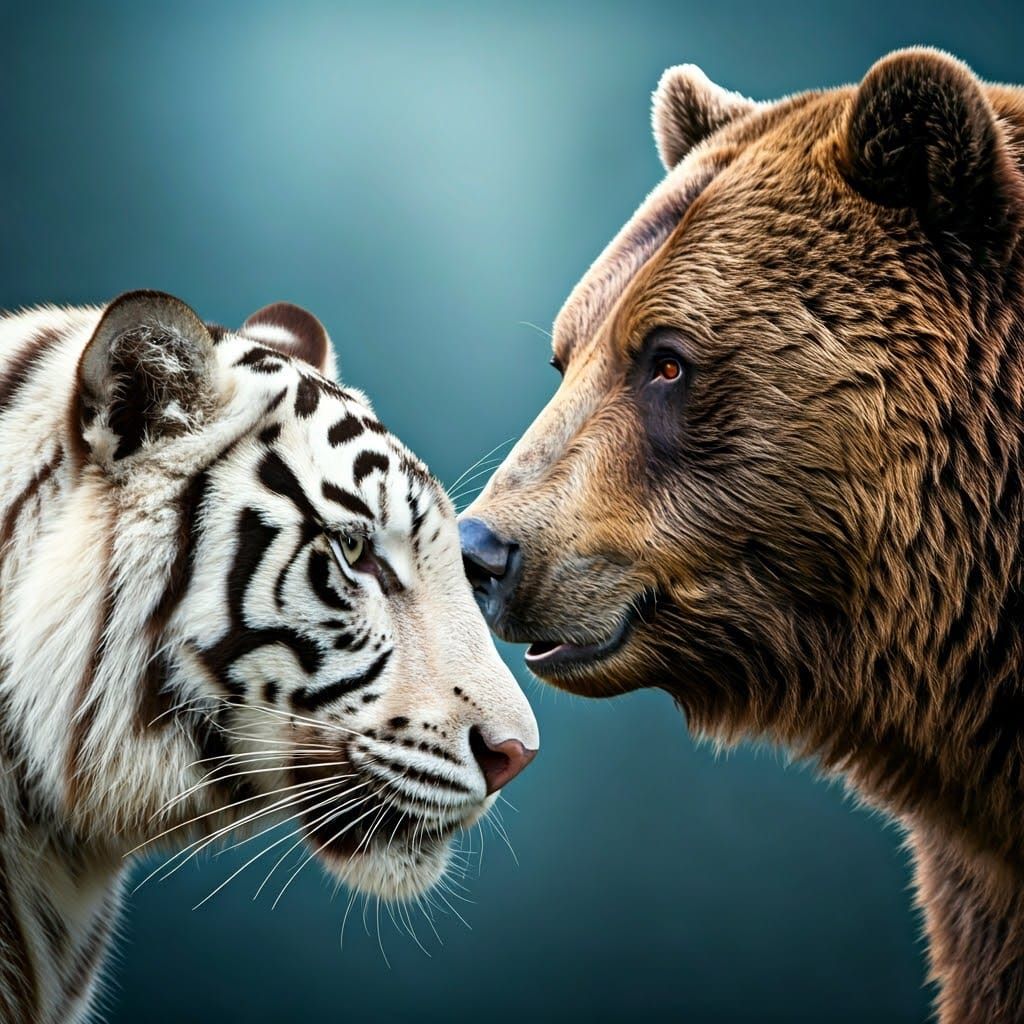 Intense White Tiger Confronts Kodiak Bear