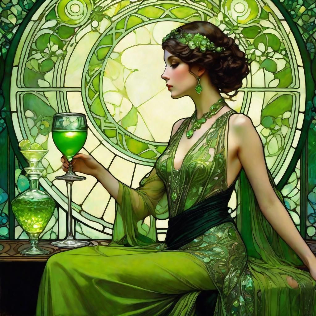 Belle Époque Woman with Absinthe, Mucha and Klimt Style