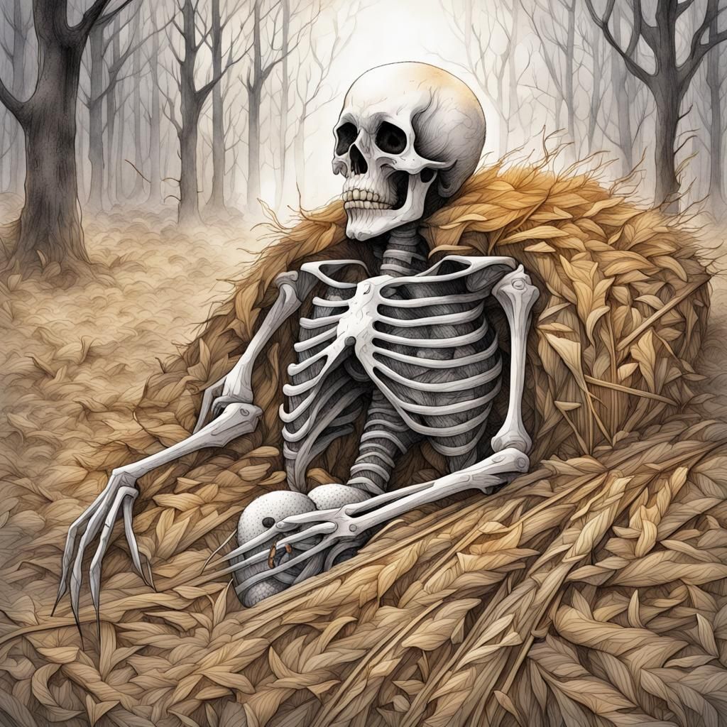 Autumnal Figure Sleeping on Straw in Pen and Ink