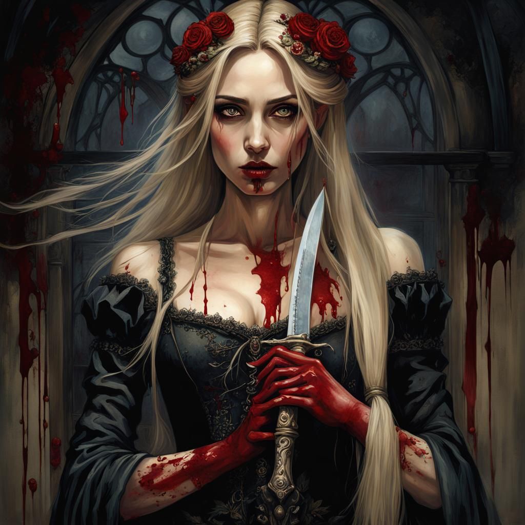Gothic Rapunzel with Bloody Knife in Moonlight