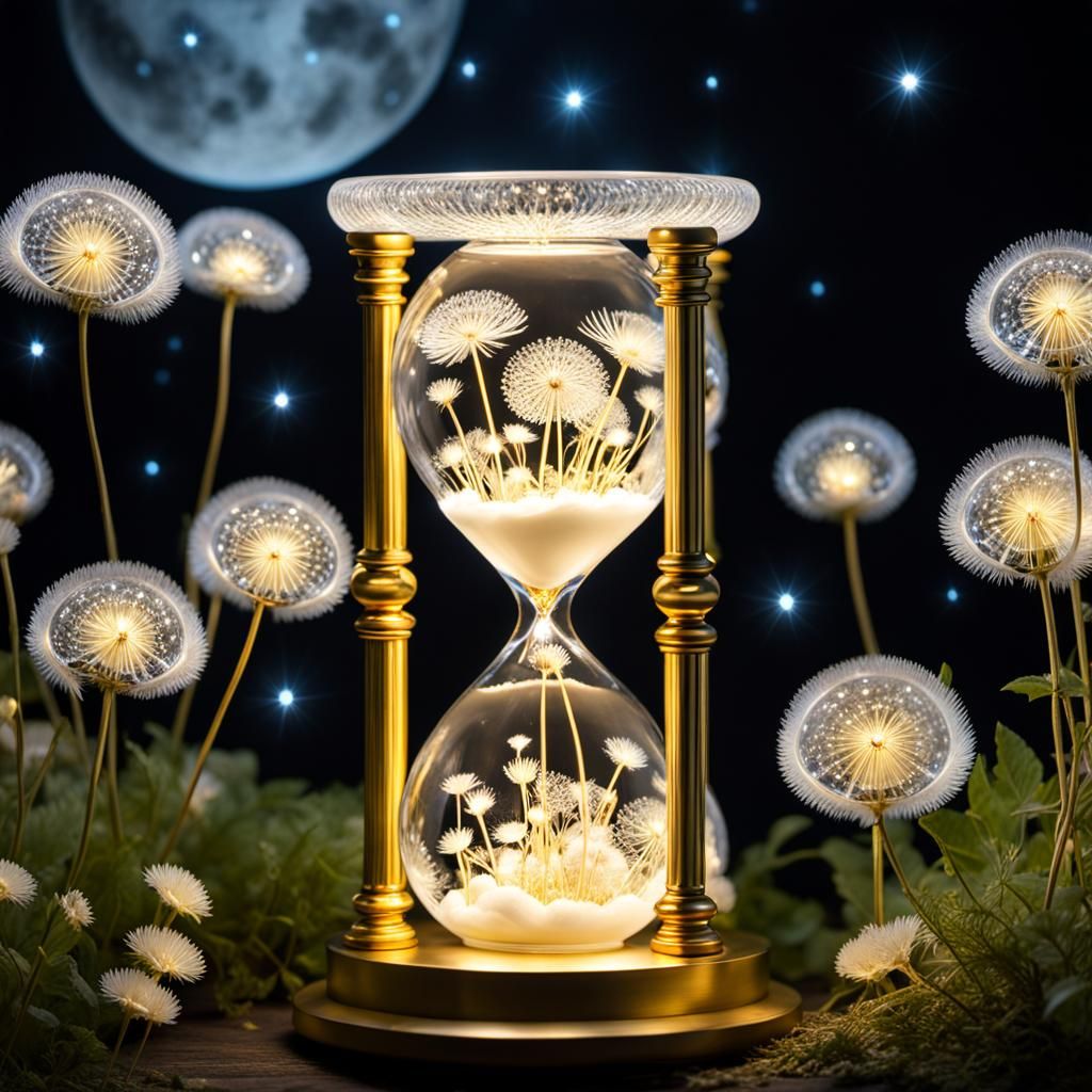 Glowing Crystal Dandelion Hourglass in Magic Moonlight