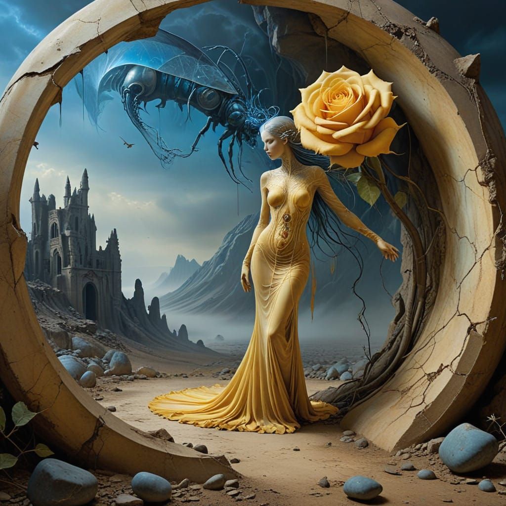 Dreamlike Yellow Rose Portal to a Twisted Subconscious Realm