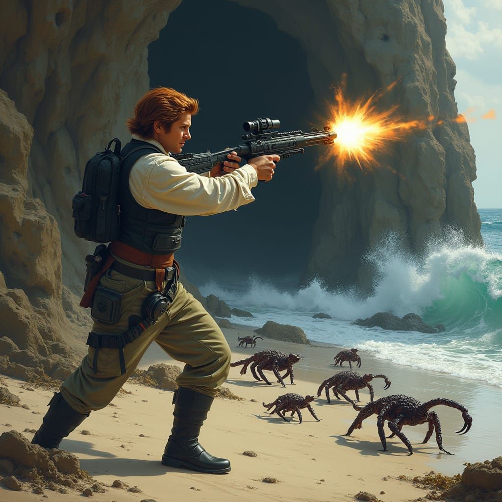 Sci-Fi Warrior Fires Blaster in Cavernous Landscape