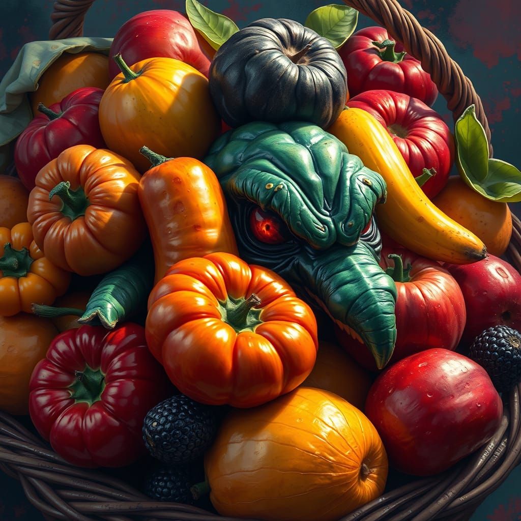 Vibrant, Evil-Eyed Fruit in Hyperrealistic Style