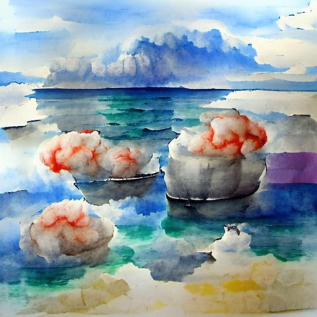 Calm Sea with Cumulonimbus Clouds in Watercolor