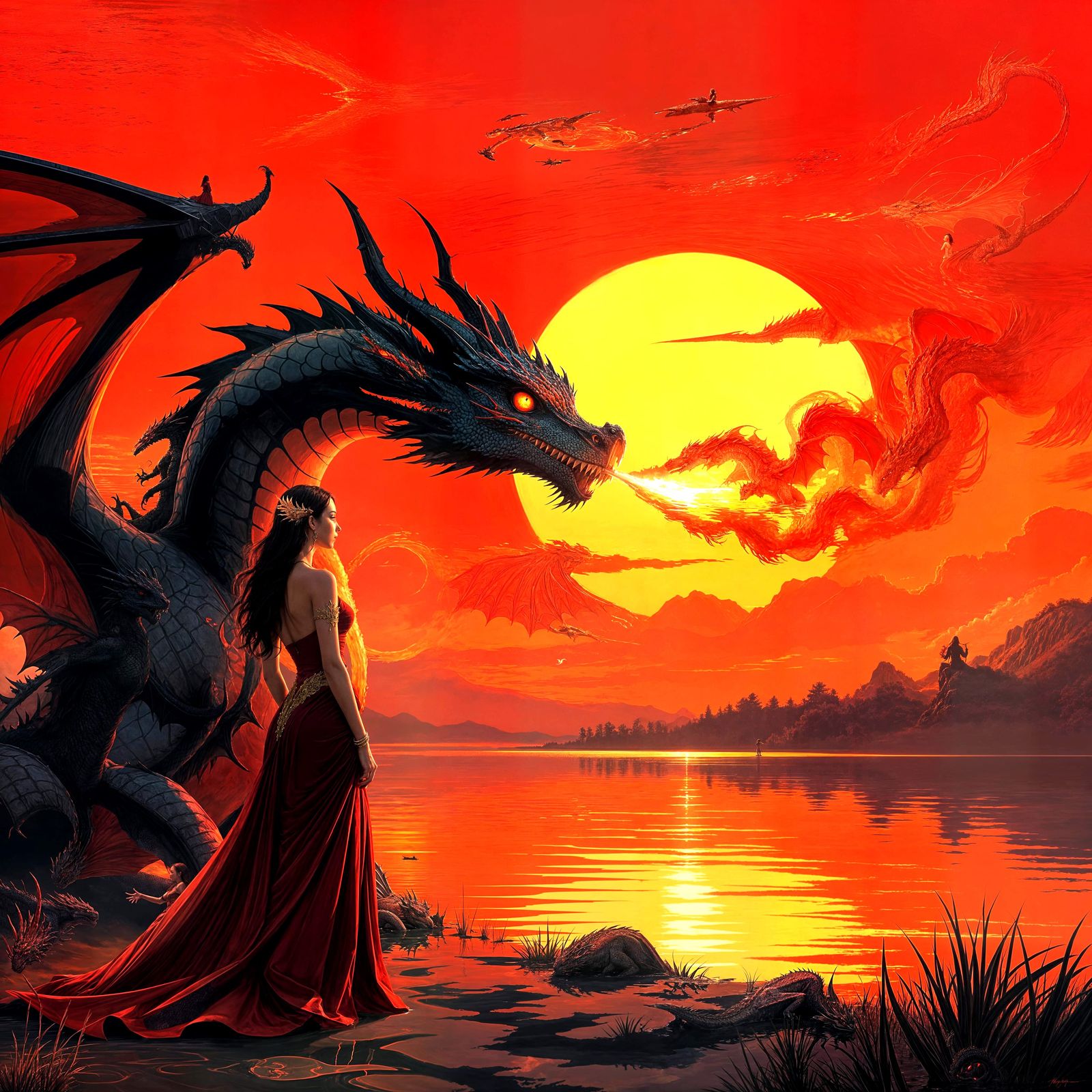 Dragon and Lady in Sunset Canvas Painting
