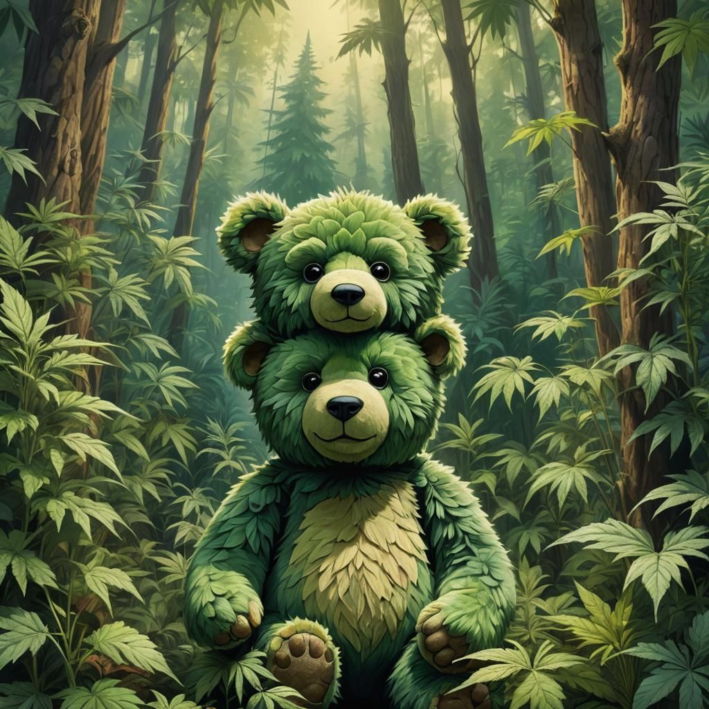 Green Teddy Bear Waters Cannabis Plants, Hyperrealistic Art