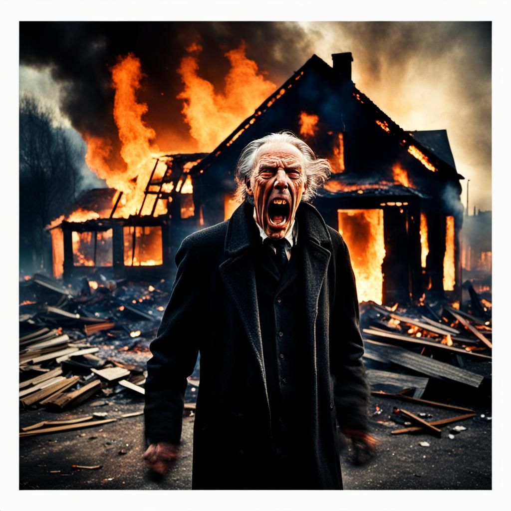 Screaming Man in Burning Landscape: Hyperrealistic Image