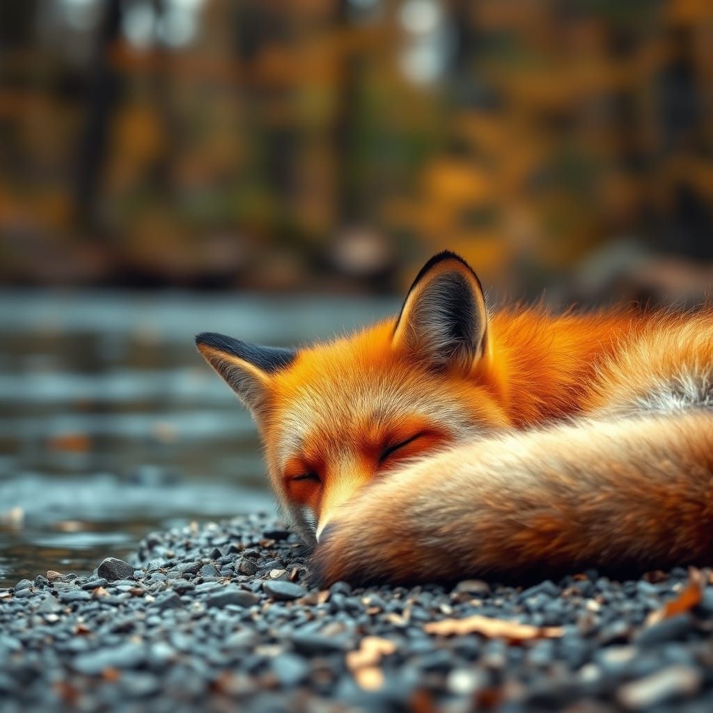 Fox Sleeping Peacefully on Autumn Riverbank