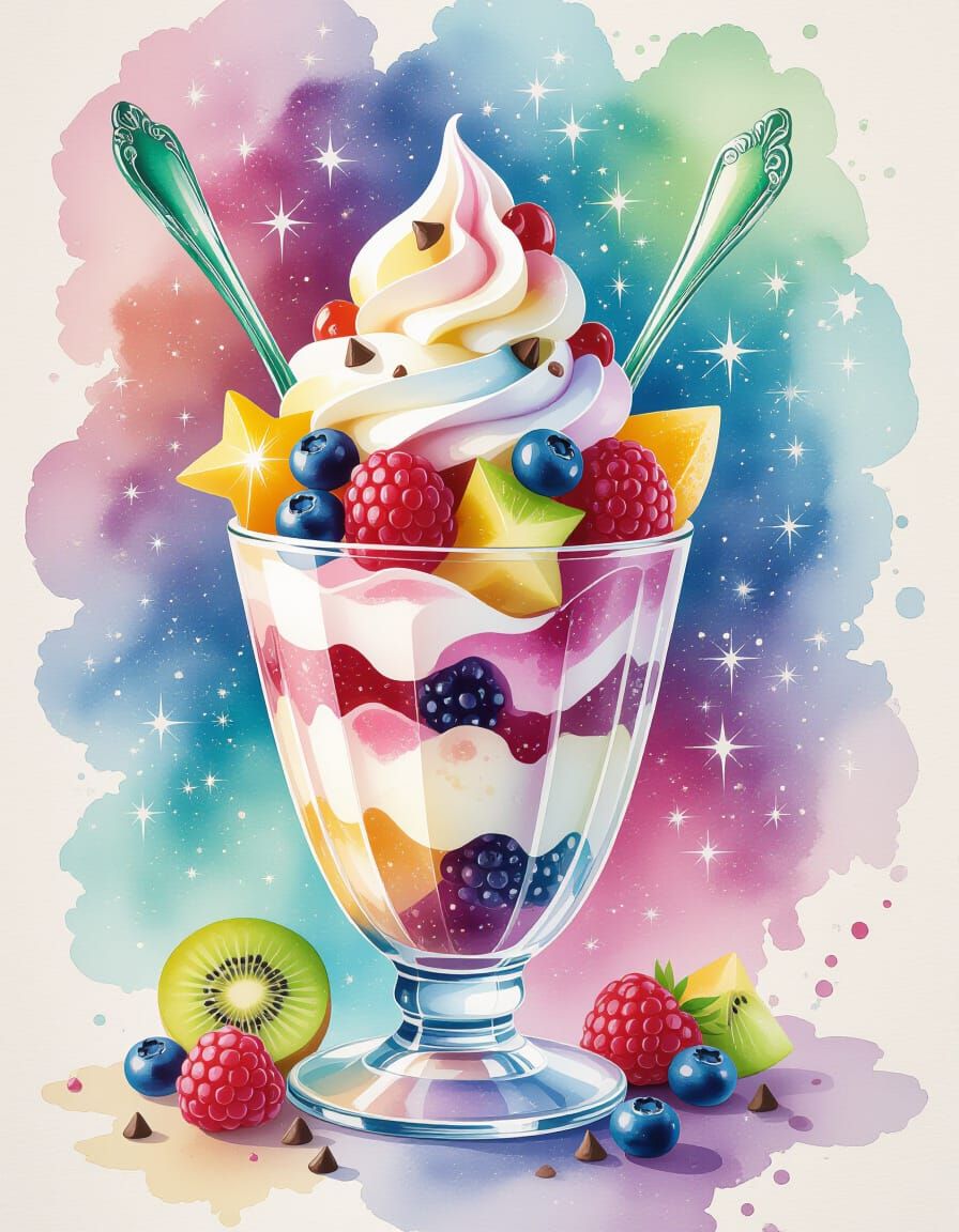 Cosmic Ice Cream Parfait with Fruit and Emerald Spoon in Wat...