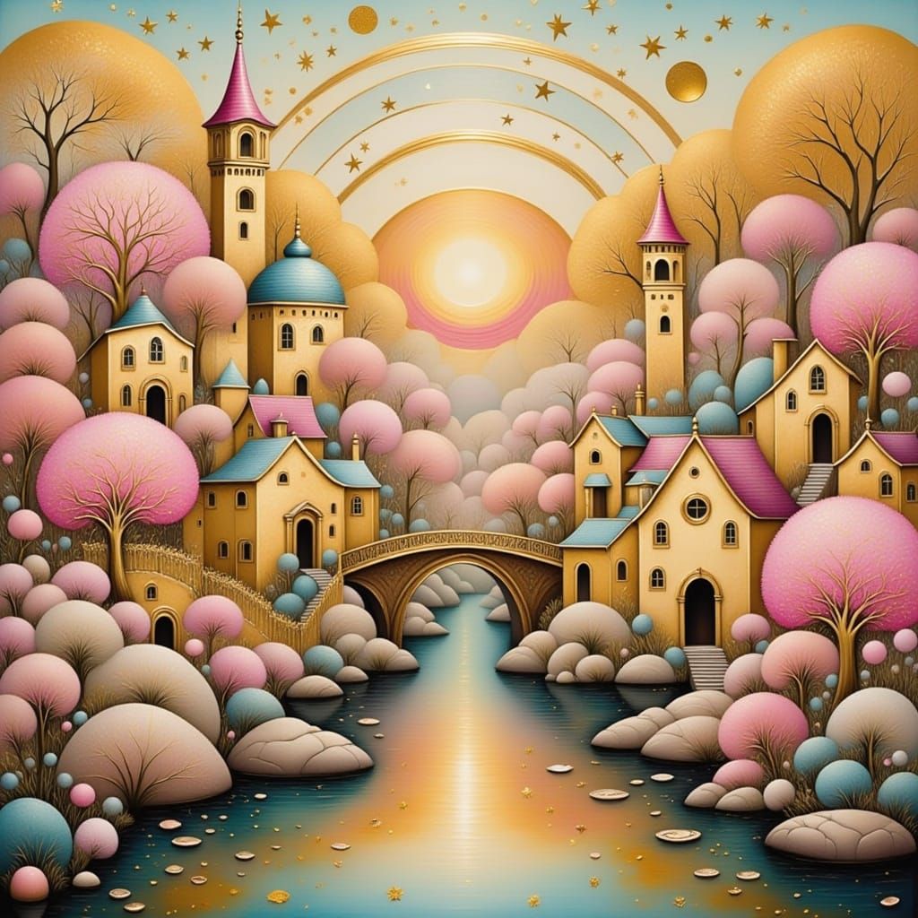 Misty Village in Folk Art Nouveau Style