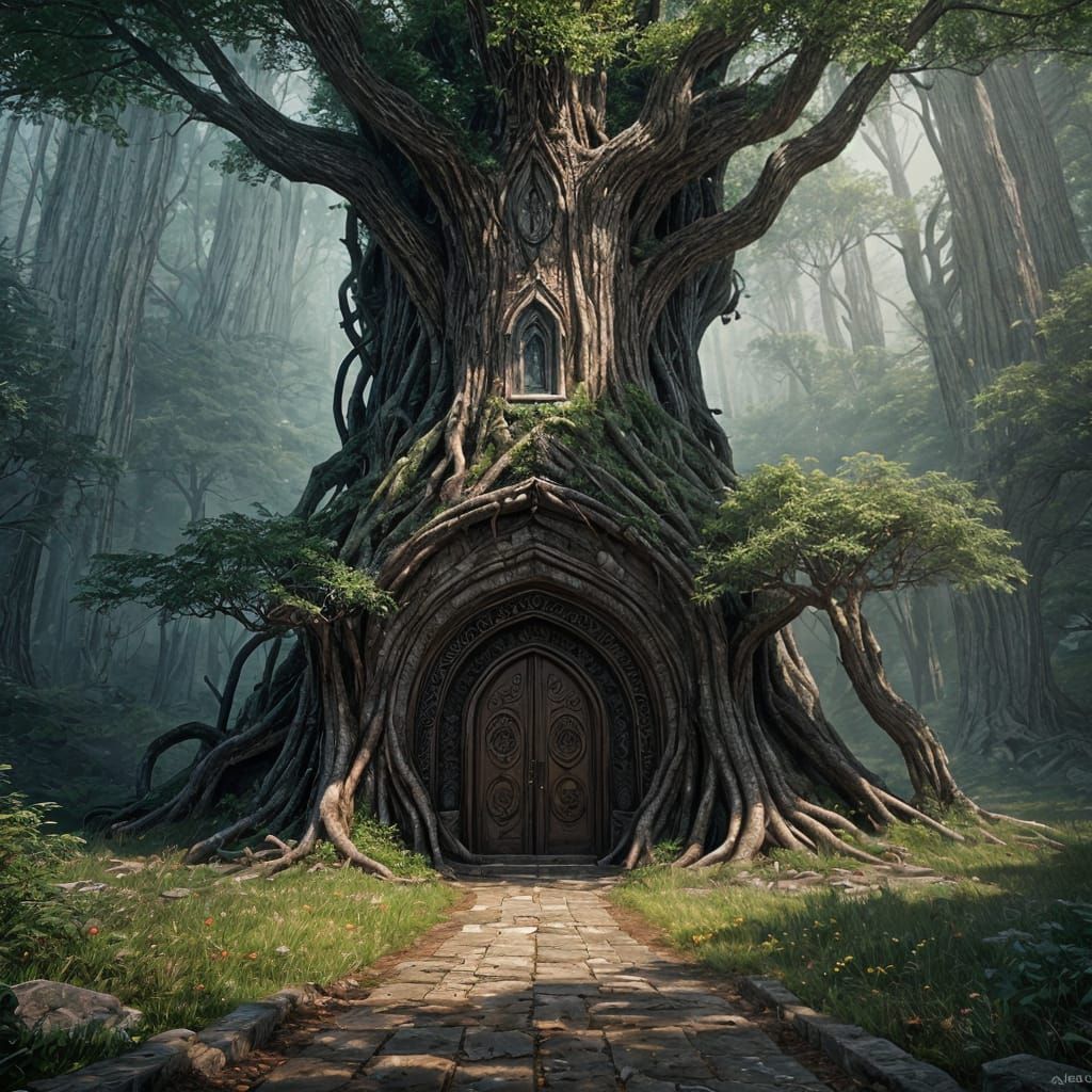 Giant Tree with Elvish Door: Fantasy Concept Art