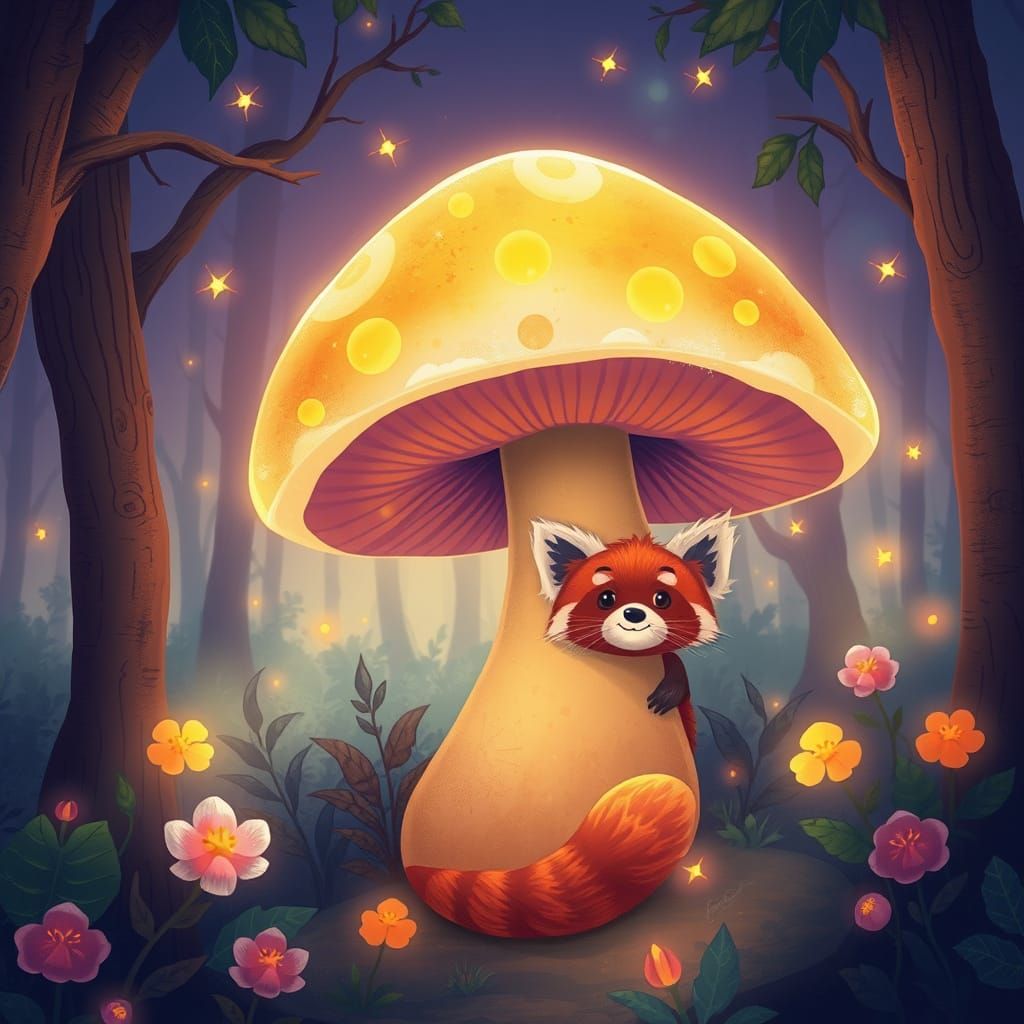 Red Panda Peeks From Glowing Mushroom in Enchanted Forest