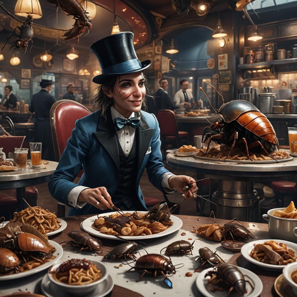 Surreal Cockroach Waitress Serving Diner Patron: Detailed Ma...