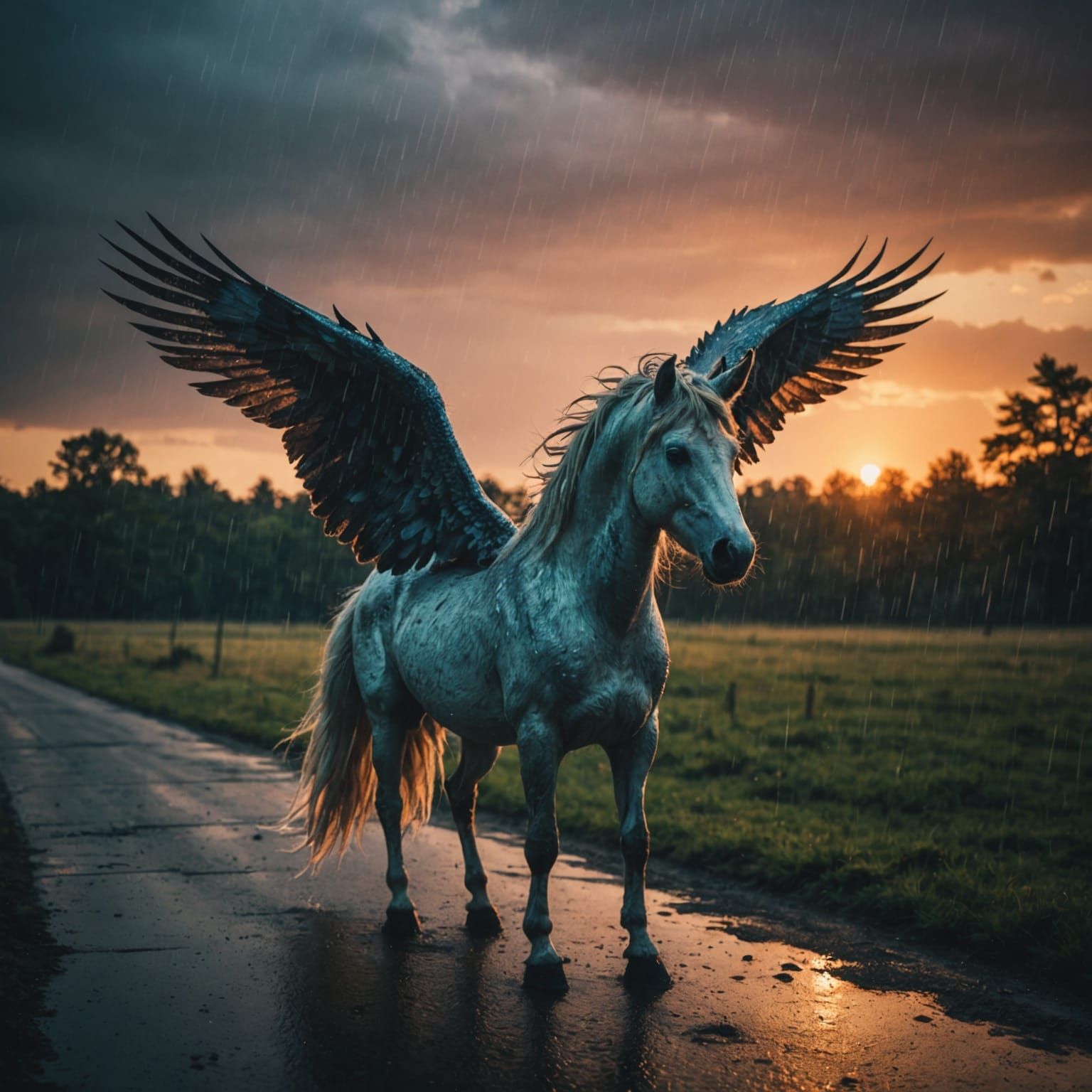 Dramatic Unicorn with Wings at Sunset in Cinematic Style