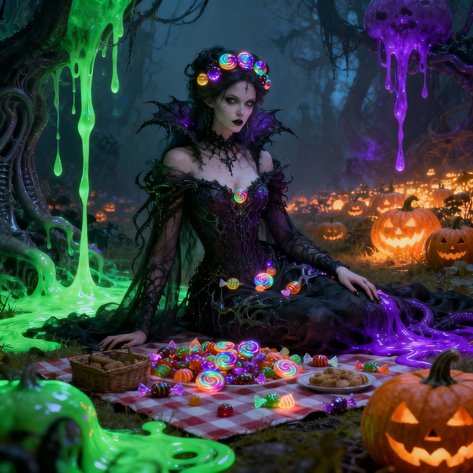 Gothic Goddess Amidst Halloween Candy and Slime