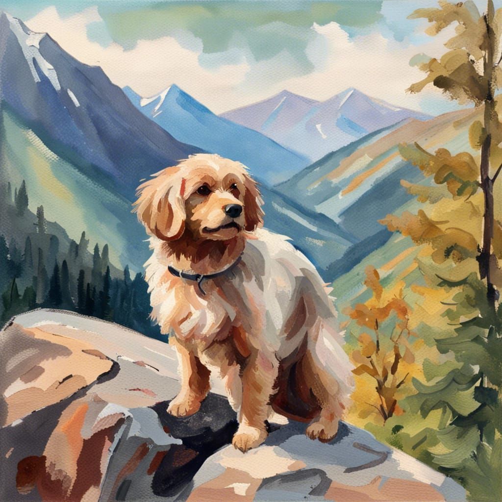 Dog in Mountain Landscape, Gouache Watercolor Style