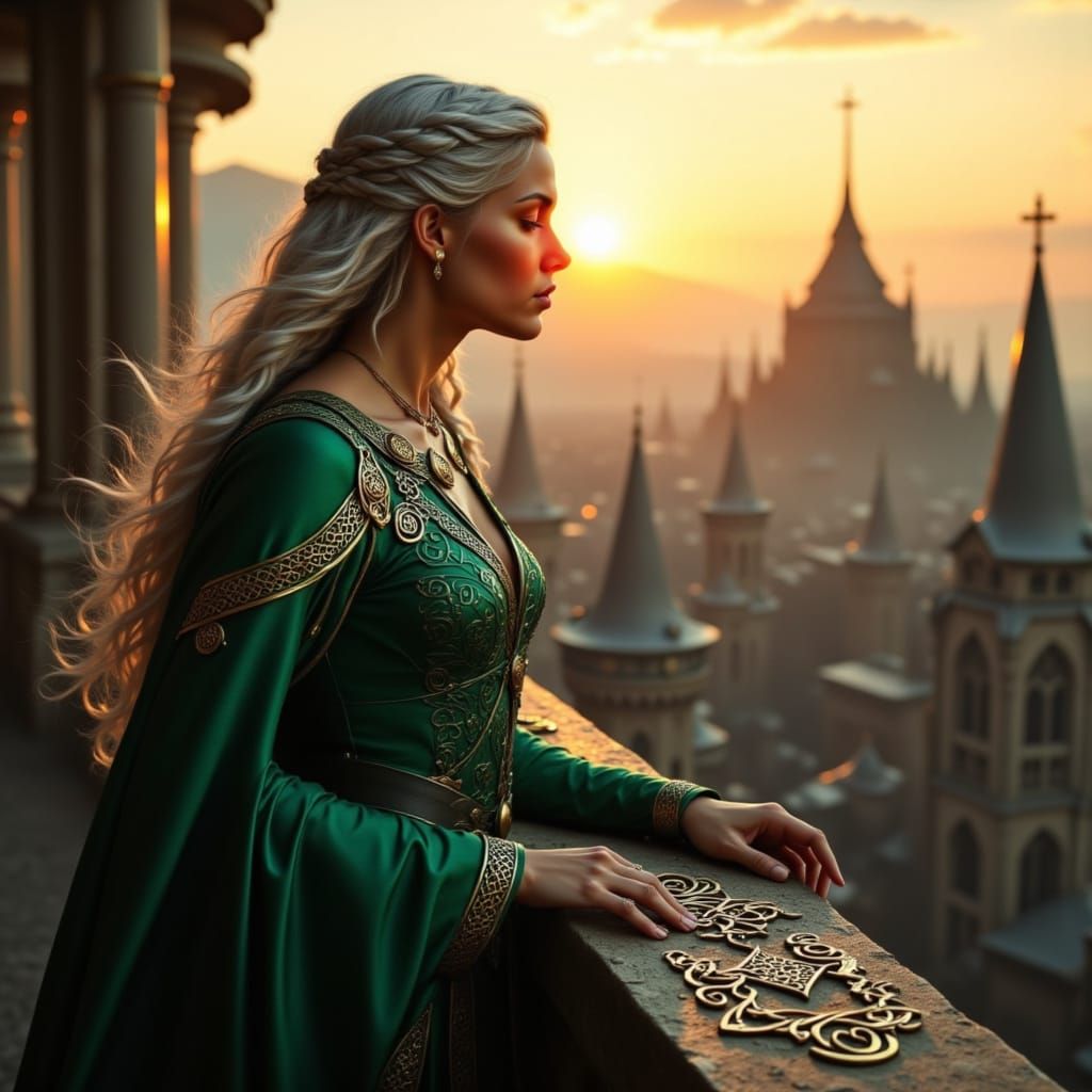 Celtic Woman Gazes at Sunset Cityscape in Fantasy Style