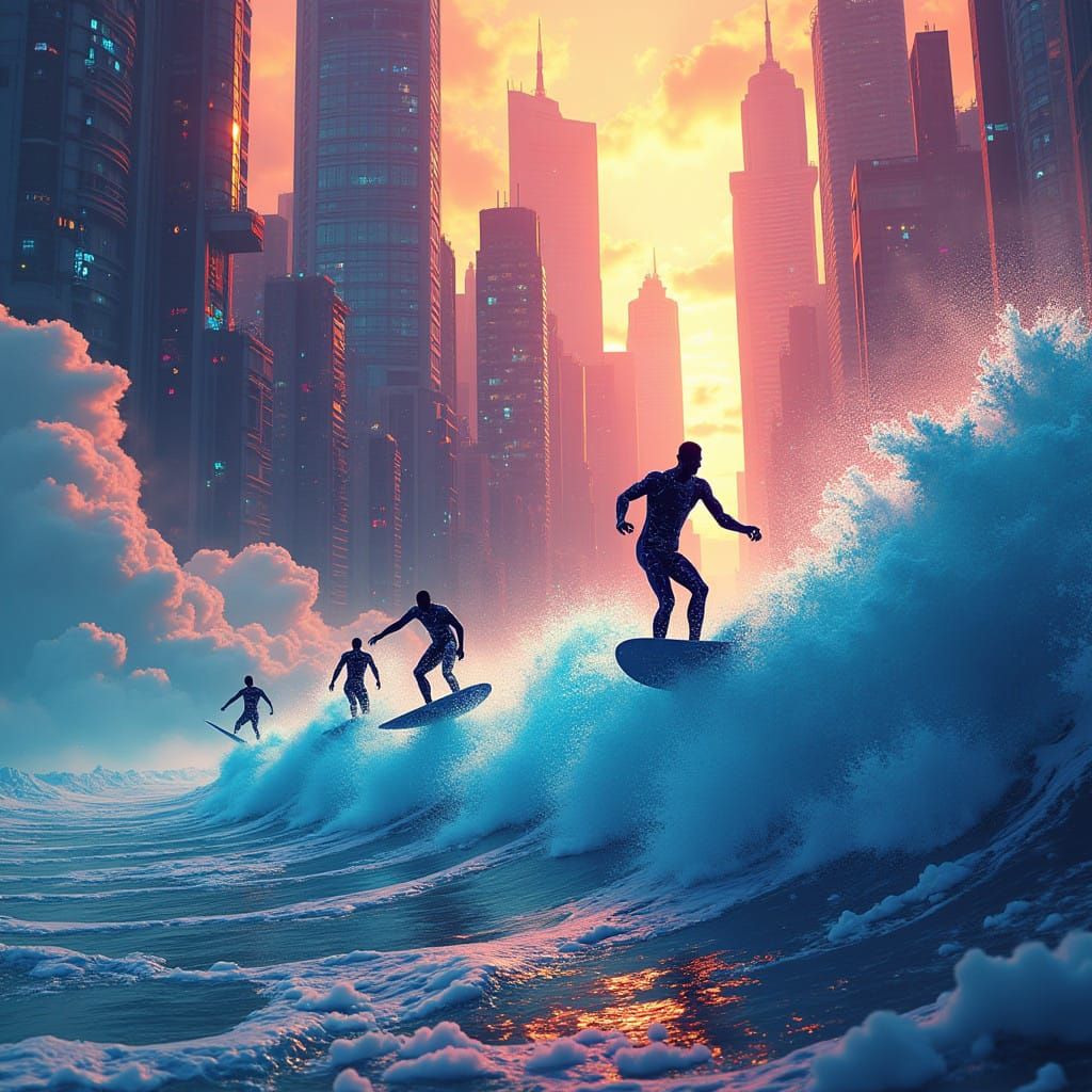 Surreal Surfers Ride Waves of Swirling Clouds in Futuristic...