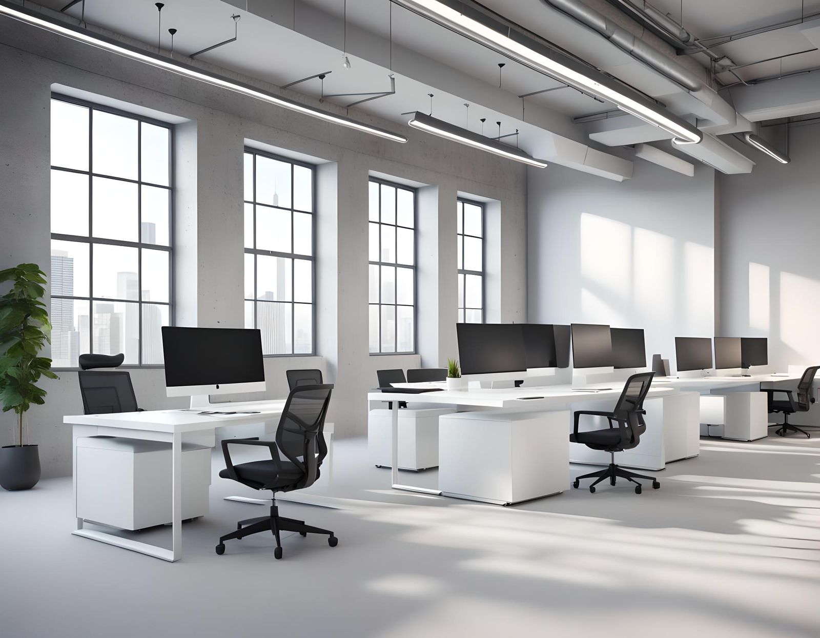 Modern Office Corner with White Tables, 3D Render