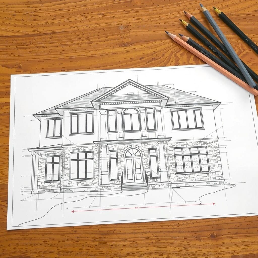 Architect's Detailed Line Art Drawing of Two-Story Home Faca...