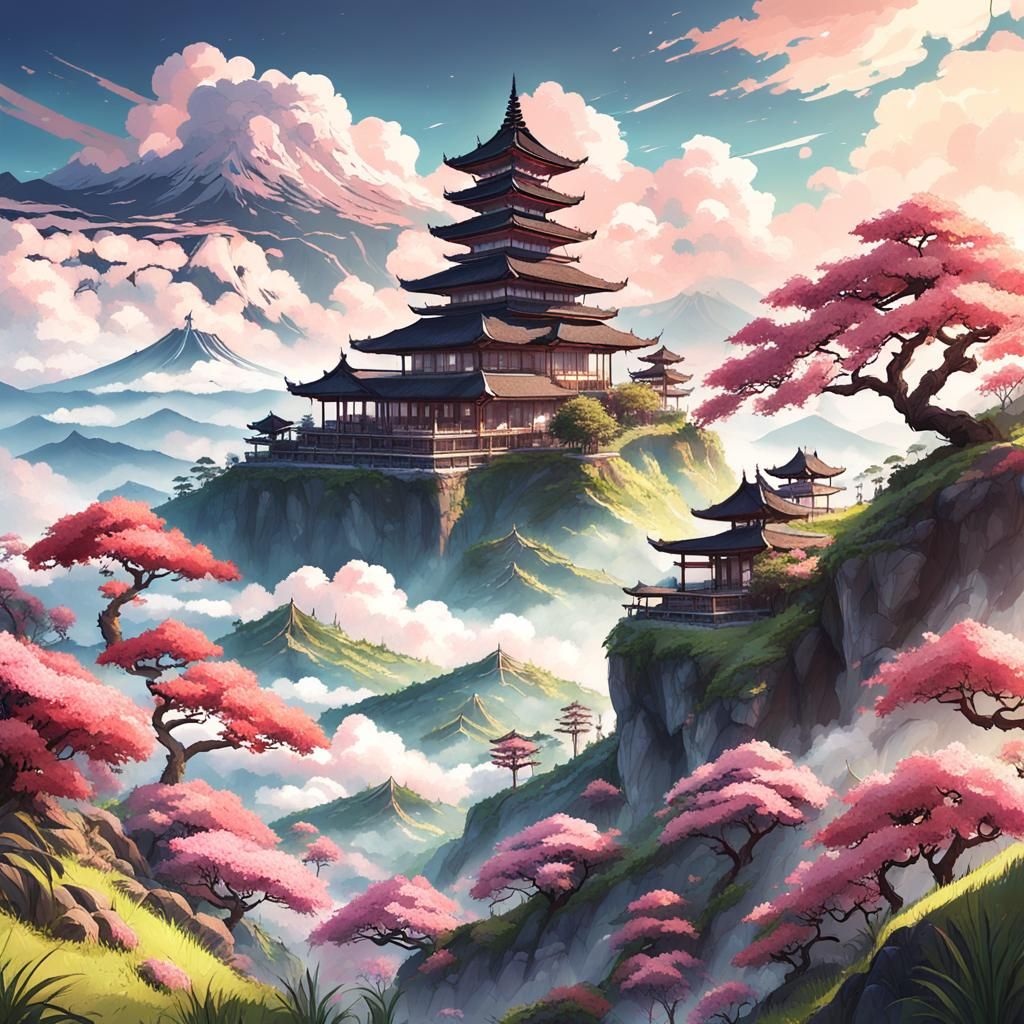 Cherry Blossoms Above Bali: Anime-Inspired 3D Art