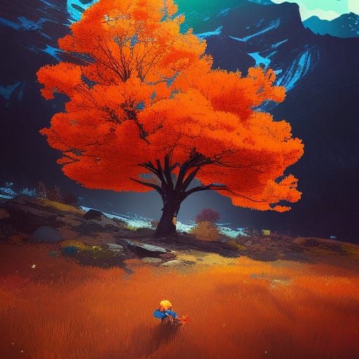 Lone Orange Tree in Rocky Mountains: Digital Illustration