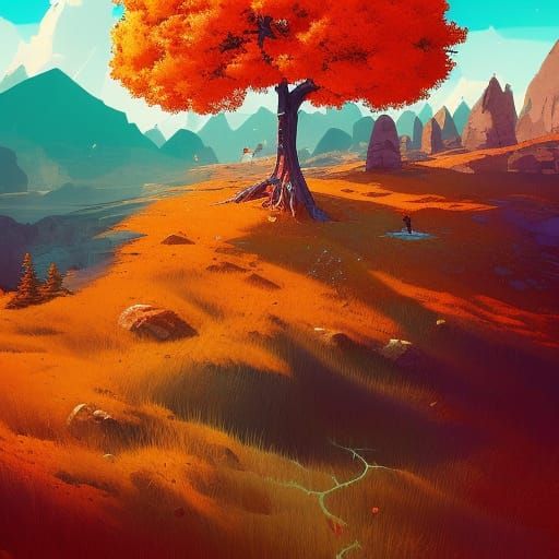 Lone Orange Tree in Rocky Mountains: Digital Illustration