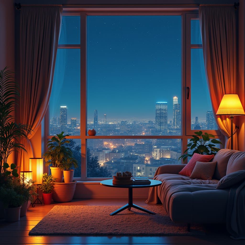 Cozy City Apartment at Night in Fantasy Style