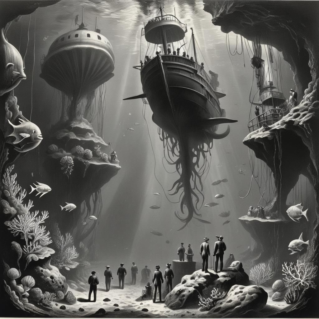 Travellers exploring the Undersea World, old postcard XIX century engraving