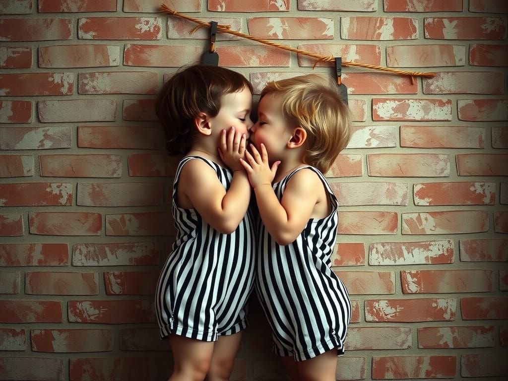 Photorealistic Toddlers Kissing on Brick Wall