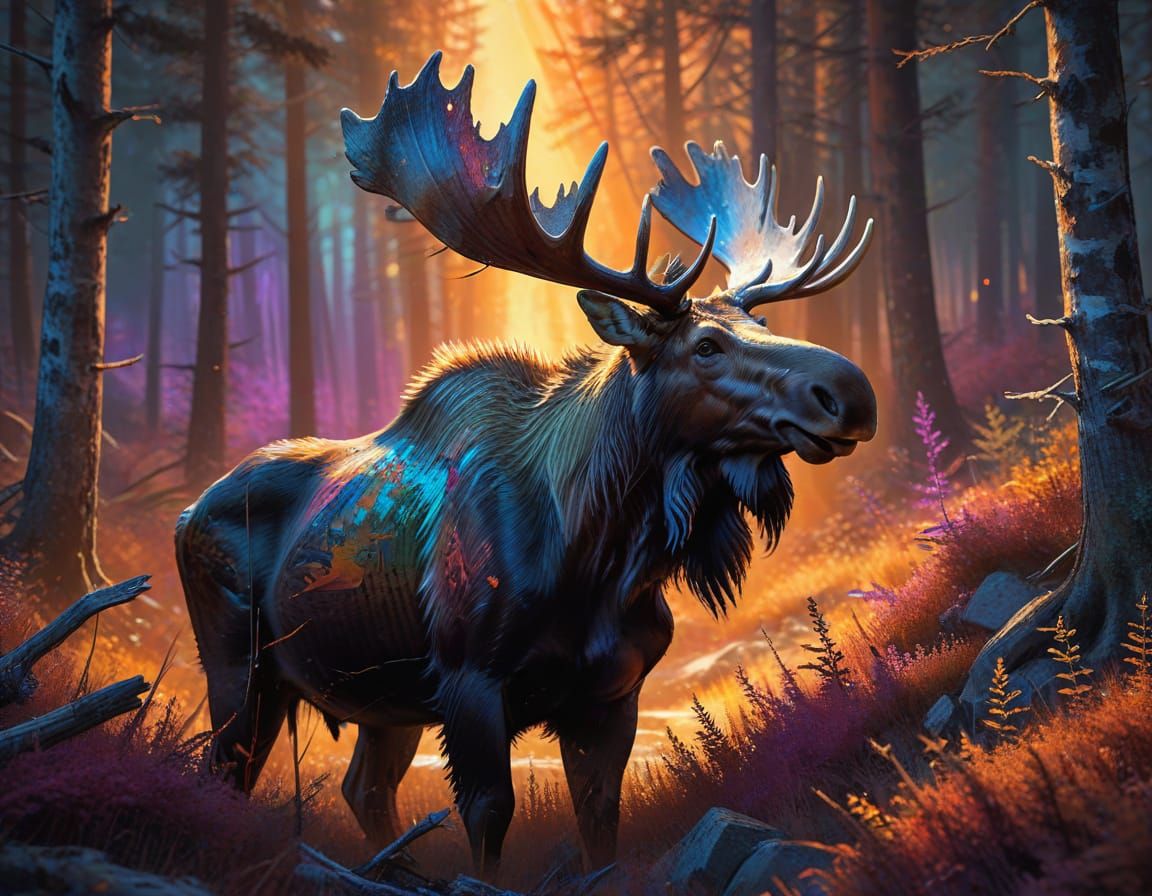 Majestic Moose in Dramatic Watercolour-Inspired Digital Art