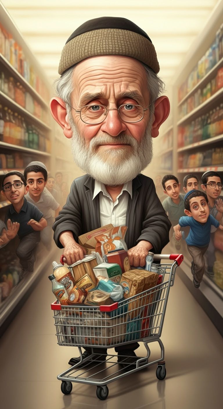 Elderly Man Overwhelmed by Shopping Cart in Caricature Style