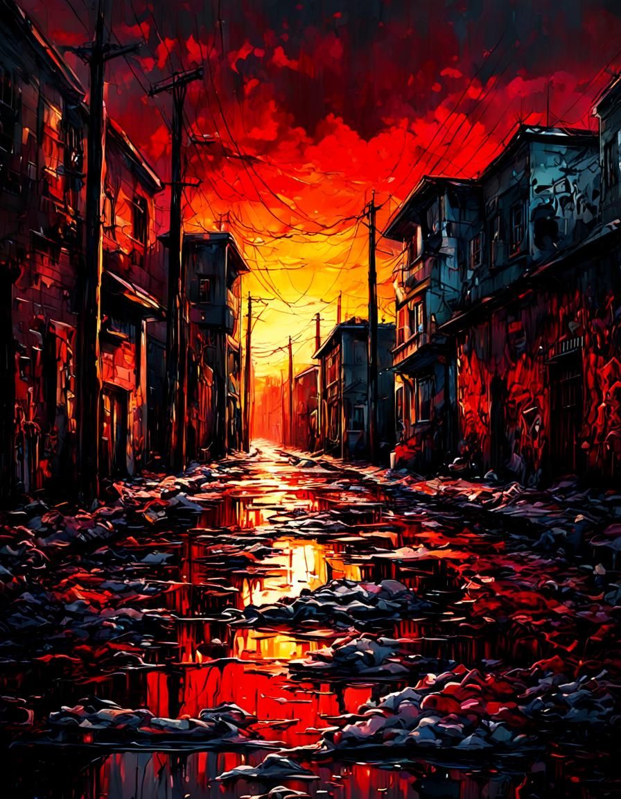 Gothic Sunset: Dramatic Shadows in Graffiti Art Style