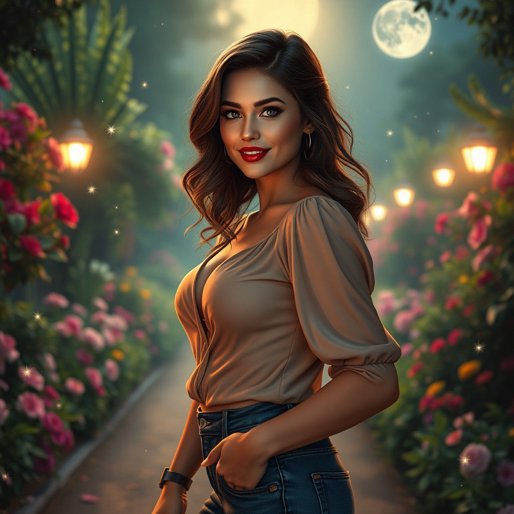 Woman in Moonlit Garden, Simon Stalenhag Style