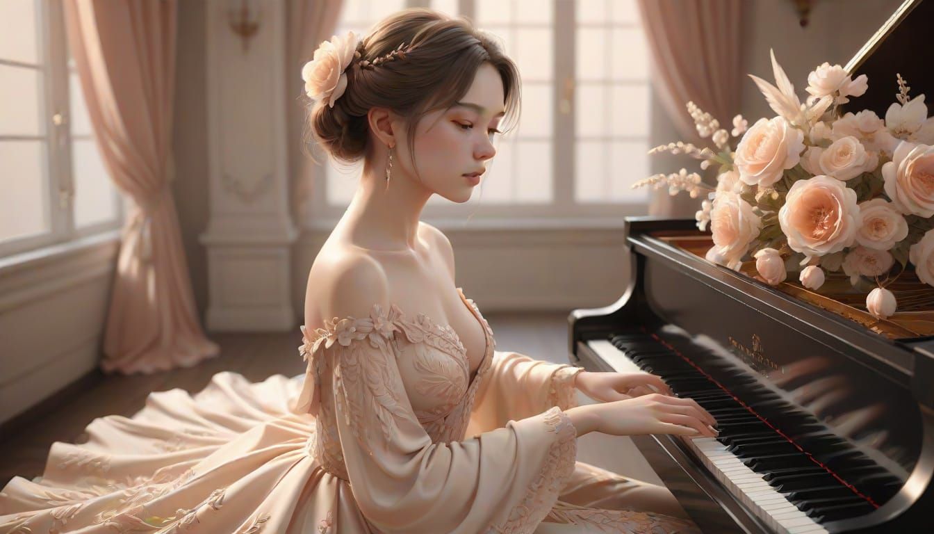 A mesmerizing 3D render of a woman clad in a flowing cream-c...