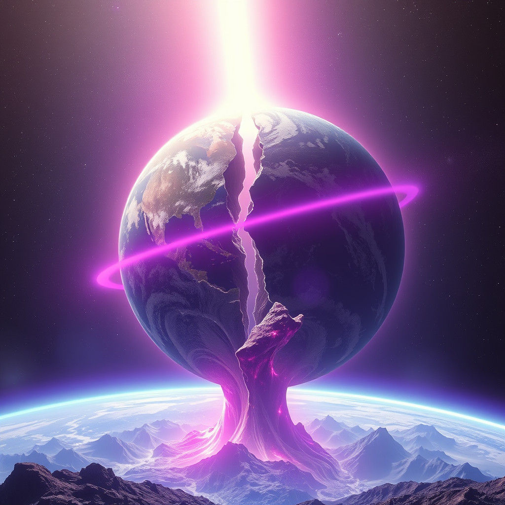 Apocalyptic Earth Shattered with Amethyst Aurora