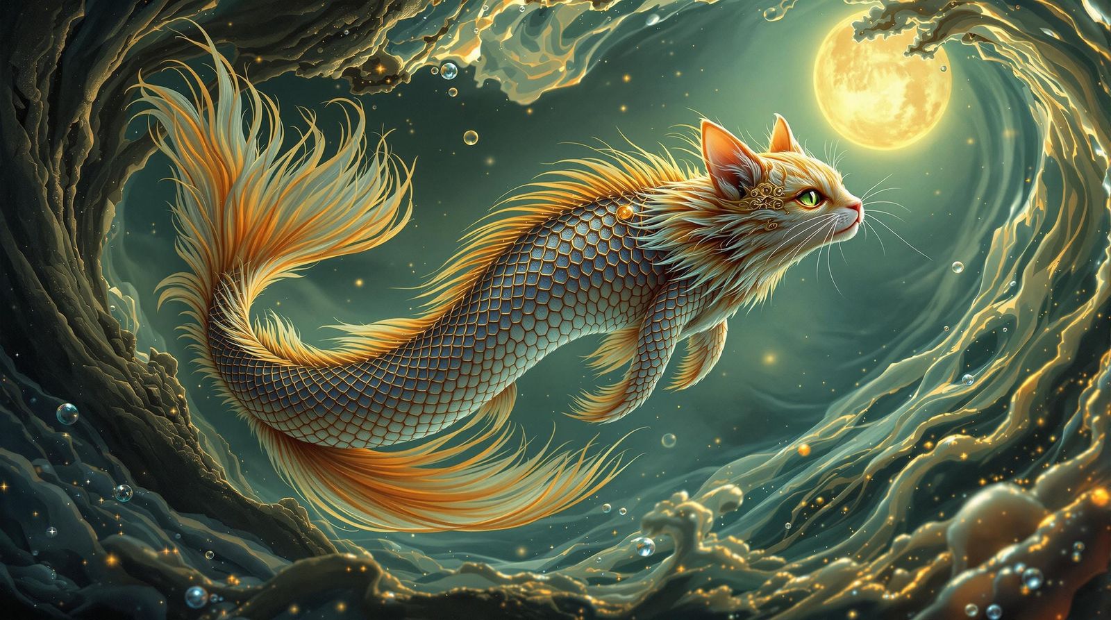 Surreal Cat-Fish Hybrid in Ethereal Dreamscape