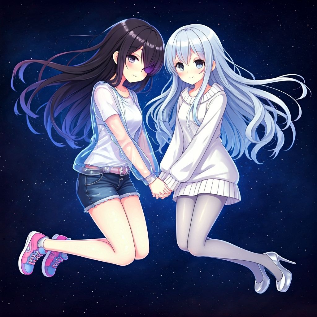 Anime Girls Floating in Space, Holding Hands