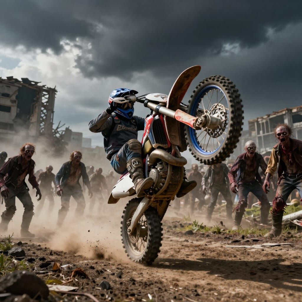 Motocross Wheelie Evades Mutant Zombies in Dystopian City