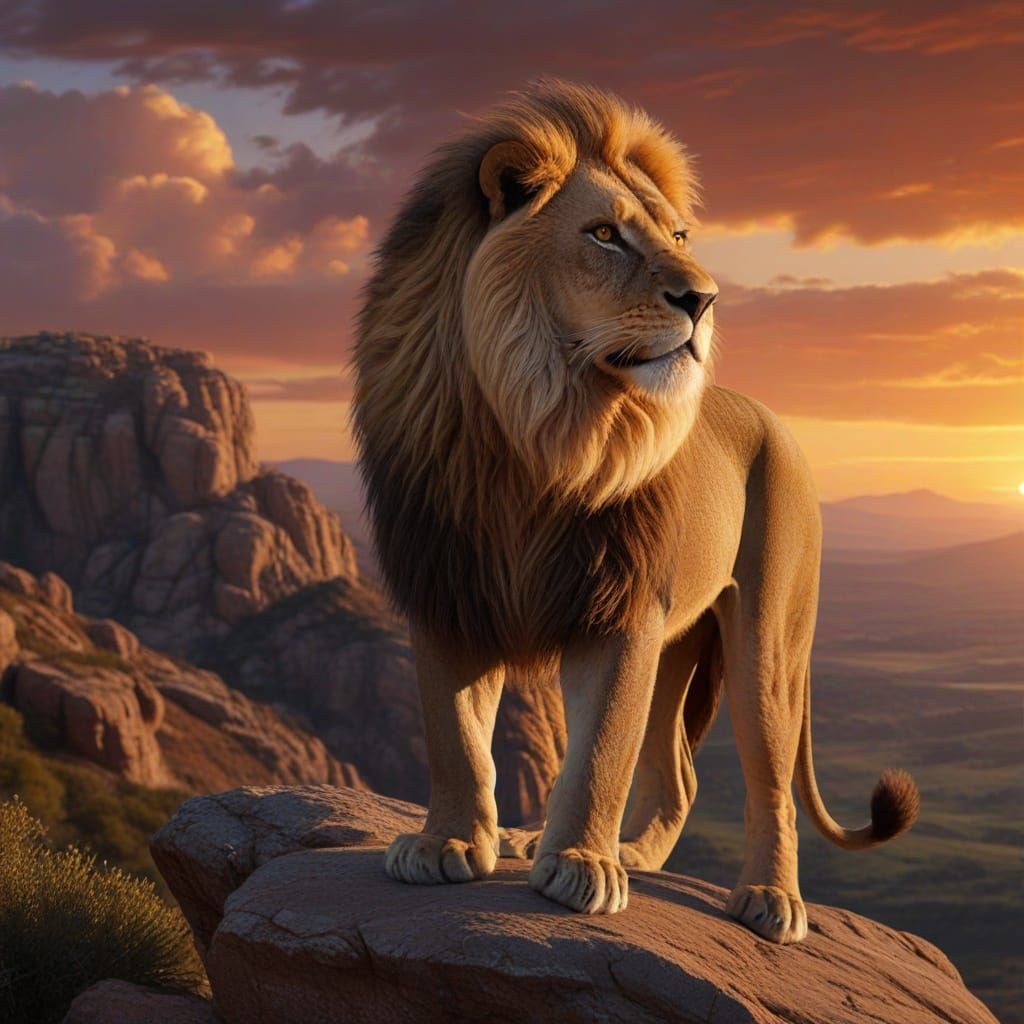 Majestic Lion on Cliff at Sunset - Hyperrealistic Concept Ar...