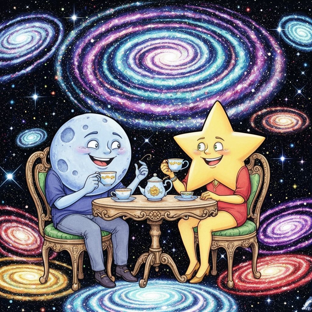 Personified Moon and Stars Share Tea Amidst Galaxies in Anim...